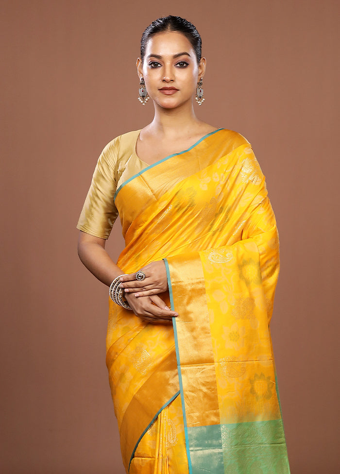 Yellow Dupion Silk Saree With Blouse Piece