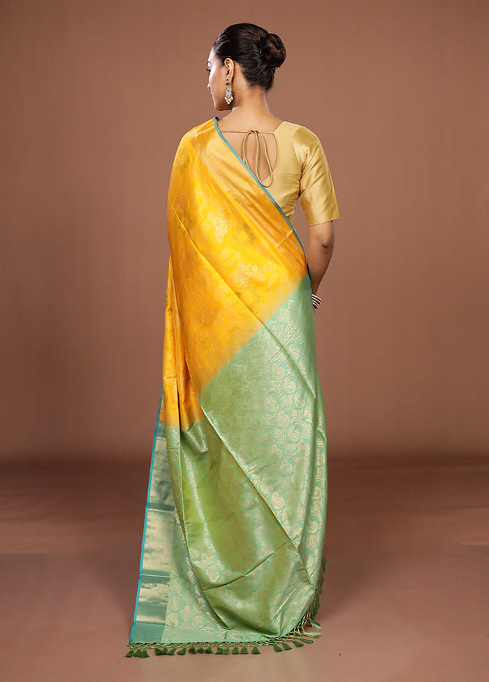 Yellow Dupion Silk Saree With Blouse Piece
