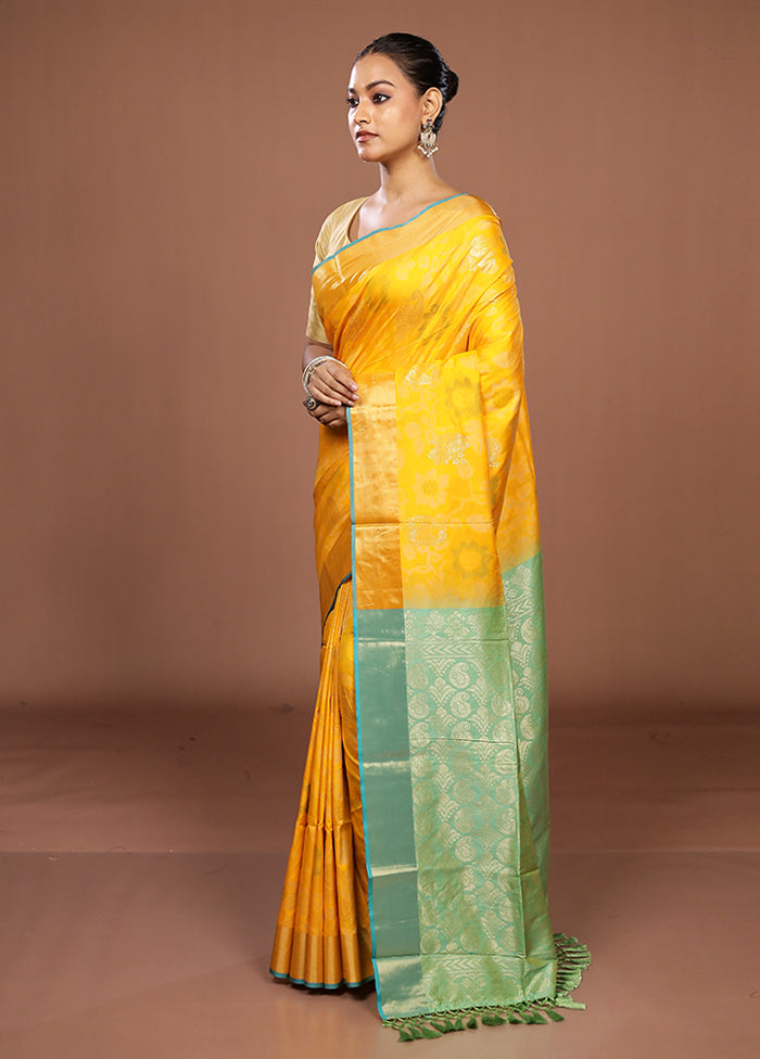Yellow Dupion Silk Saree With Blouse Piece