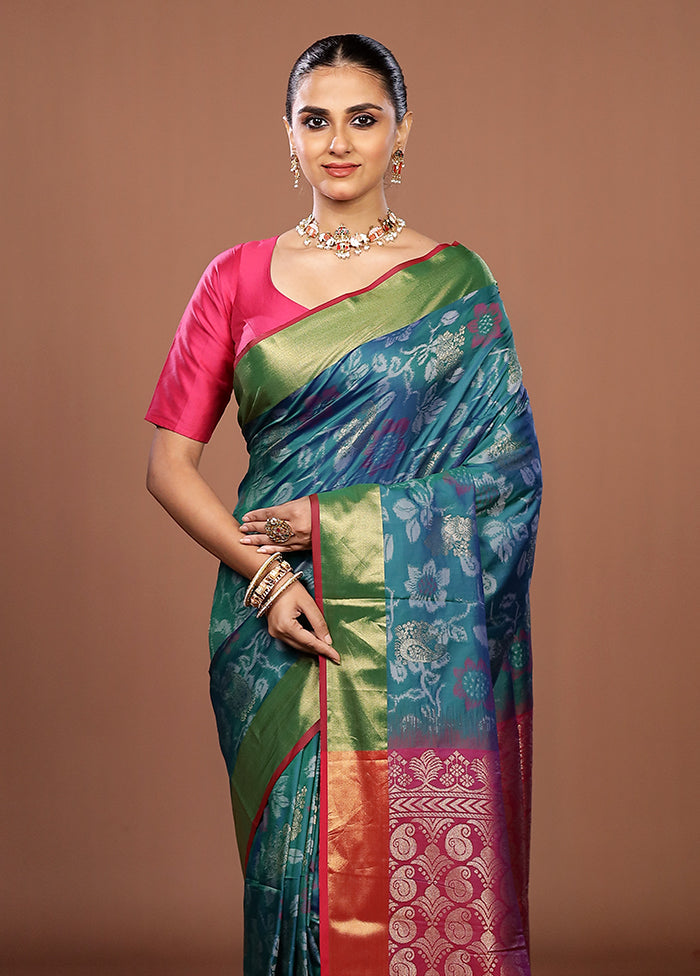 Blue Dupion Silk Saree With Blouse Piece