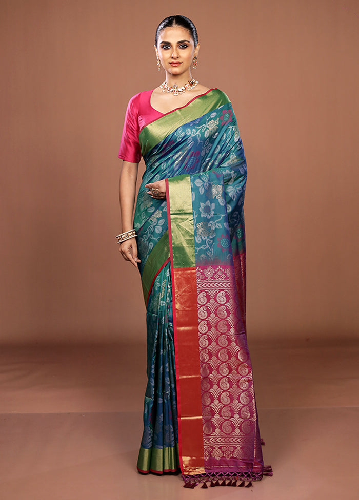 Blue Dupion Silk Saree With Blouse Piece