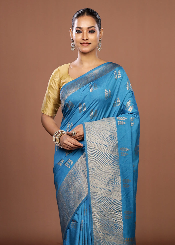Blue Dupion Silk Saree With Blouse Piece