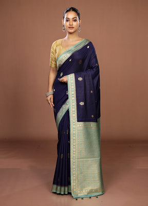 Blue Dupion Silk Saree With Blouse Piece