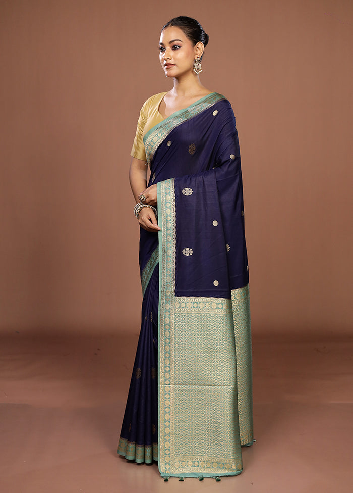 Blue Dupion Silk Saree With Blouse Piece