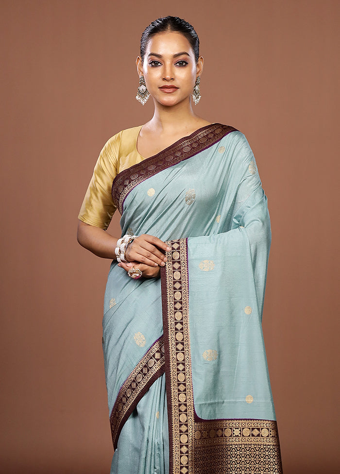 Blue Dupion Silk Saree With Blouse Piece