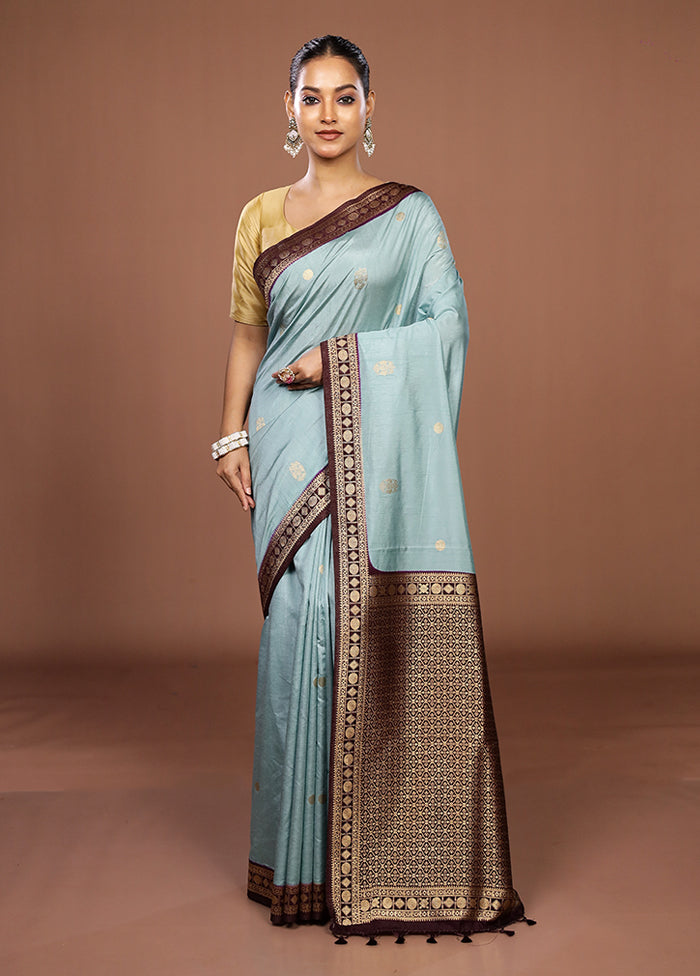 Blue Dupion Silk Saree With Blouse Piece