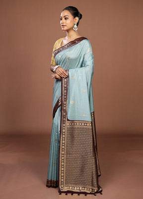 Blue Dupion Silk Saree With Blouse Piece