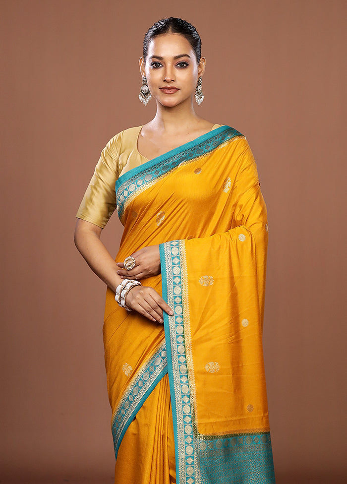 Yellow Dupion Silk Saree With Blouse Piece
