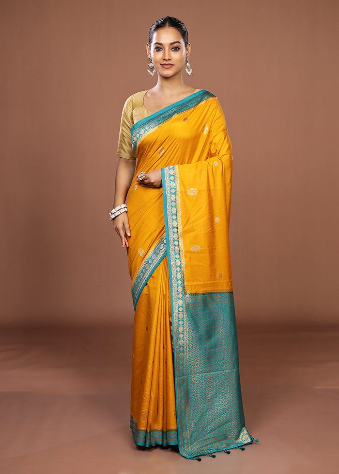 Yellow Dupion Silk Saree With Blouse Piece