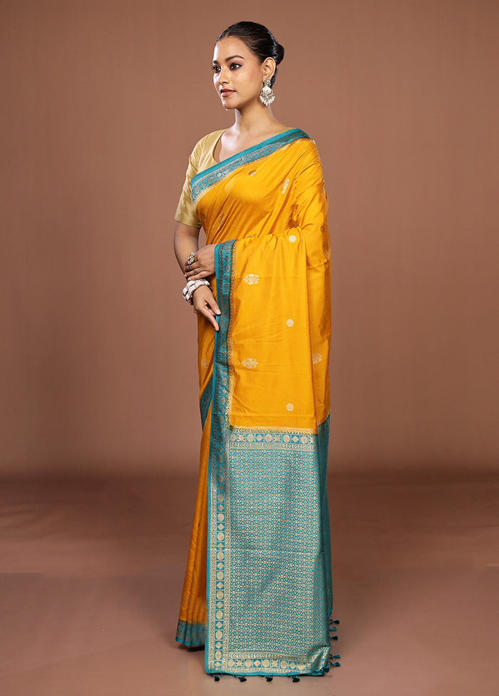 Yellow Dupion Silk Saree With Blouse Piece