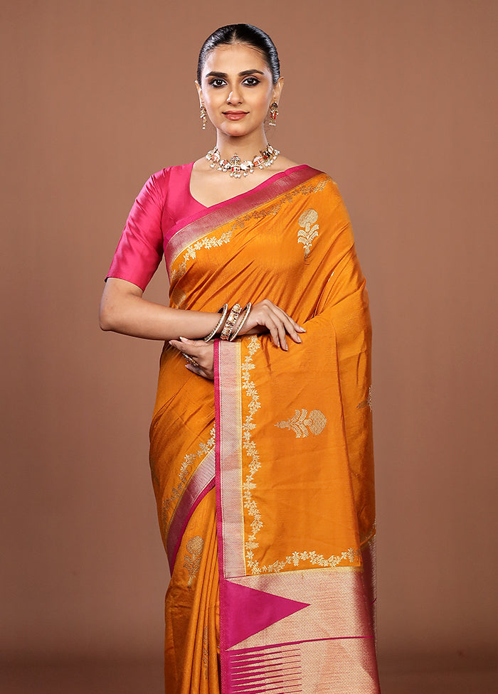 Yellow Dupion Silk Saree With Blouse Piece