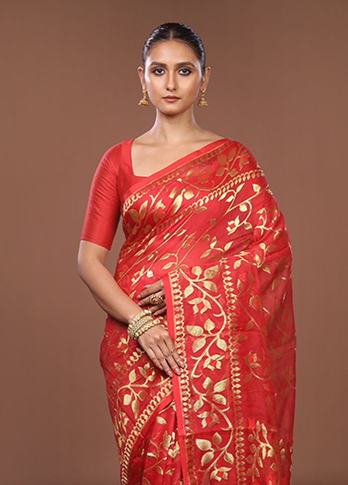 Red Jamdani Cotton Saree Without Blouse Piece