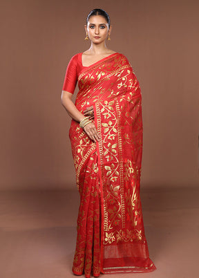 Red Jamdani Cotton Saree Without Blouse Piece