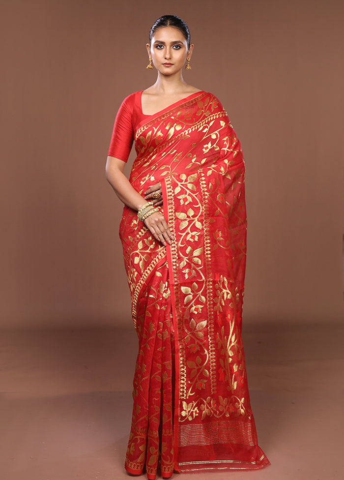 Red Jamdani Cotton Saree Without Blouse Piece