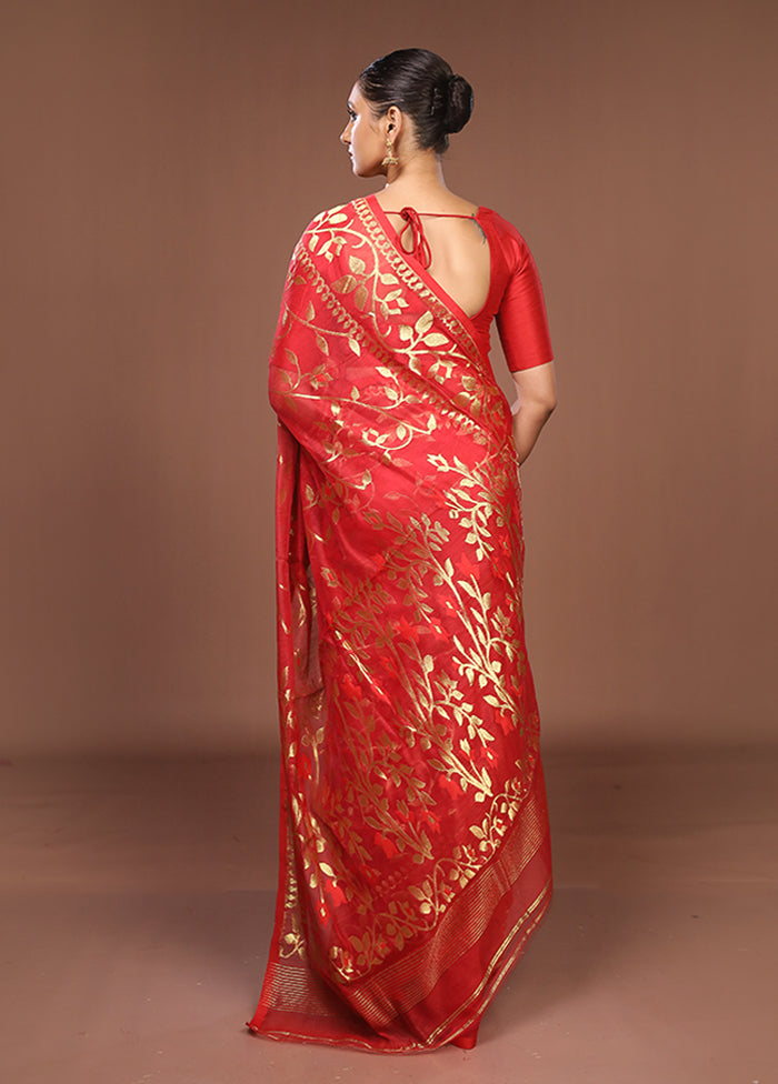 Red Jamdani Cotton Saree Without Blouse Piece