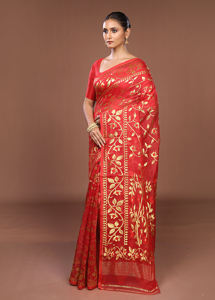 Red Jamdani Cotton Saree Without Blouse Piece