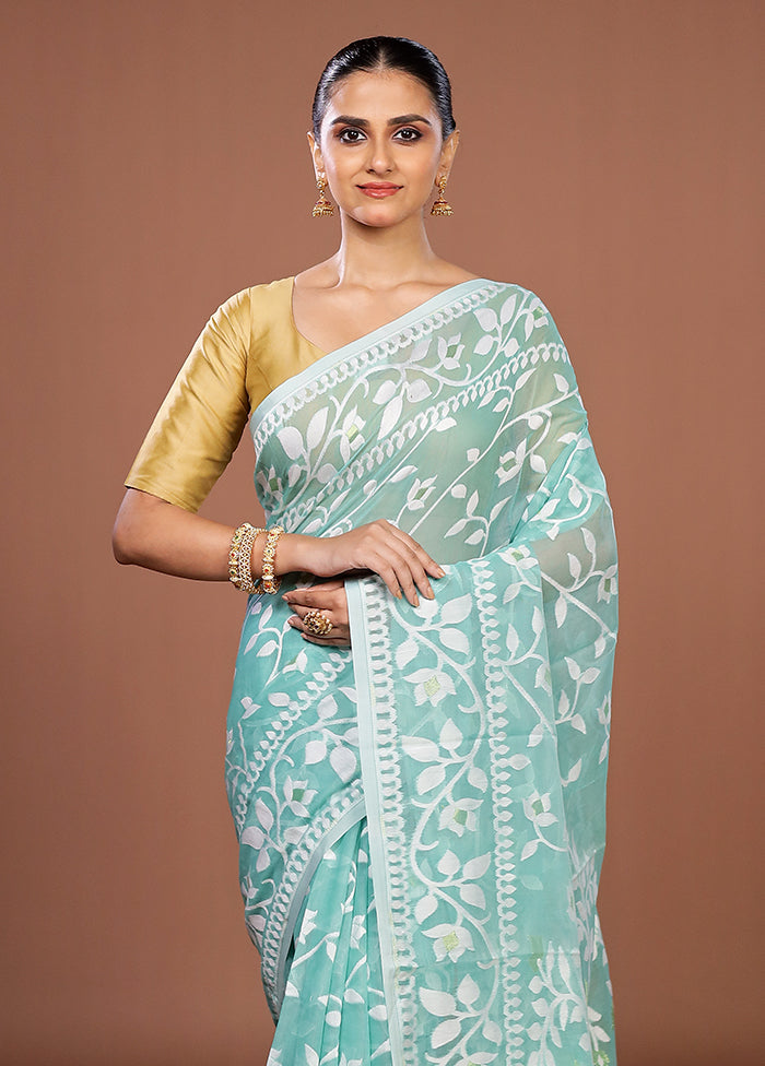 Blue Jamdani Cotton Saree Without Blouse Piece