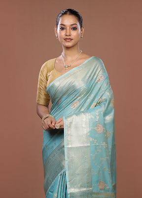 Blue Dupion Silk Saree With Blouse Piece