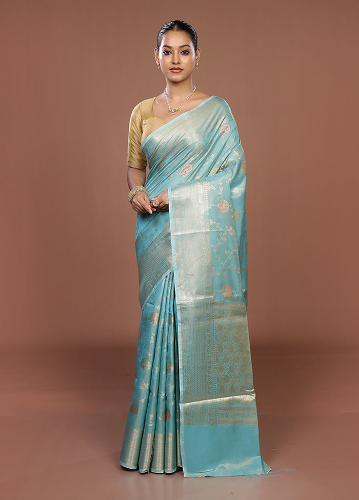 Blue Dupion Silk Saree With Blouse Piece