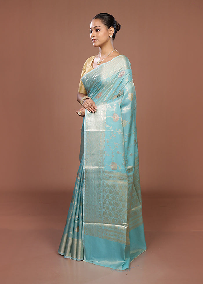 Blue Dupion Silk Saree With Blouse Piece