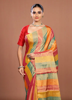 Multicolor Handloom Chanderi Pure Silk Saree With Blouse Piece