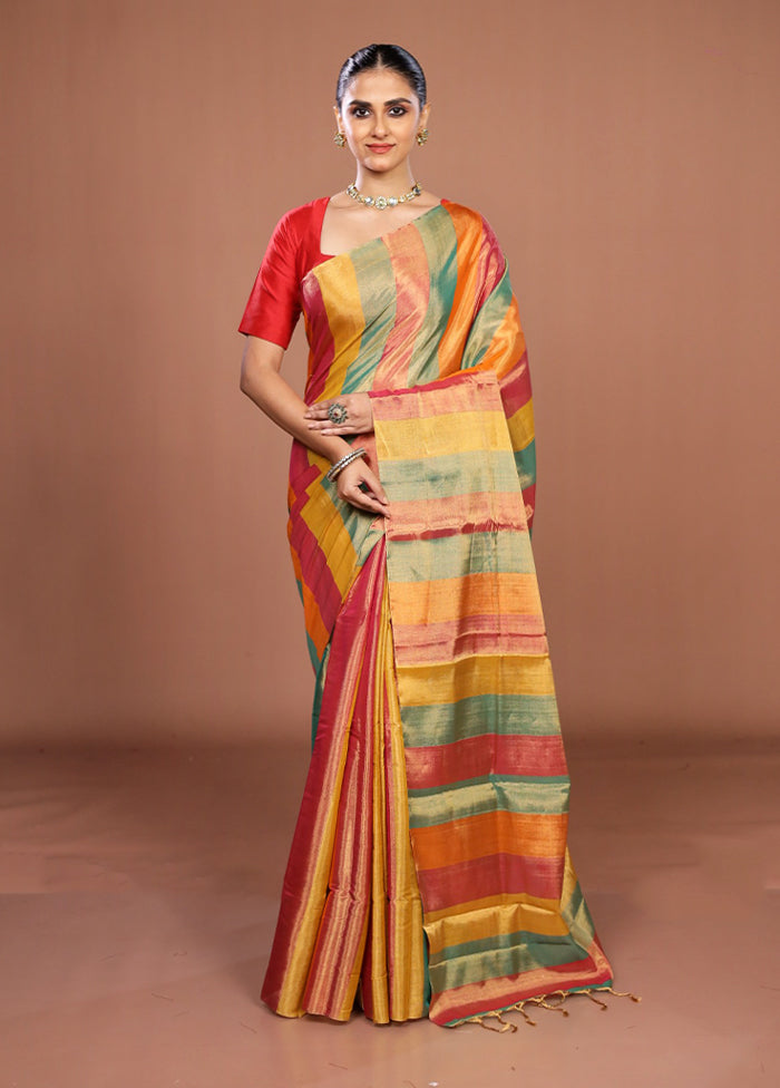 Multicolor Handloom Chanderi Pure Silk Saree With Blouse Piece