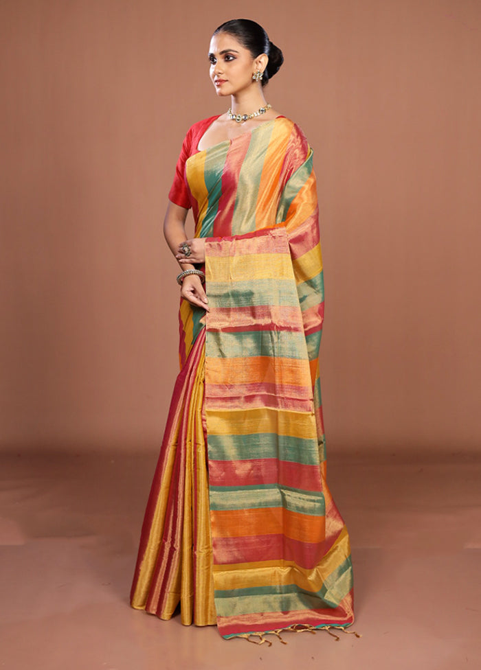 Multicolor Handloom Chanderi Pure Silk Saree With Blouse Piece