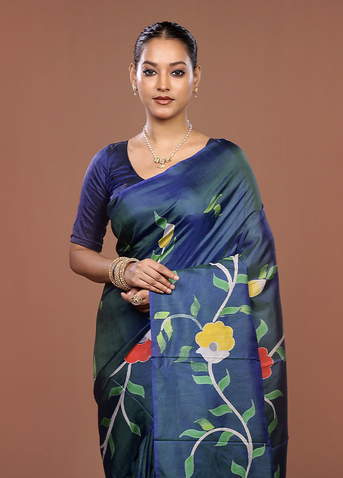 Blue Printed Pure Silk Saree Without Blouse Piece