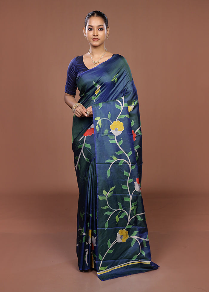 Blue Printed Pure Silk Saree Without Blouse Piece