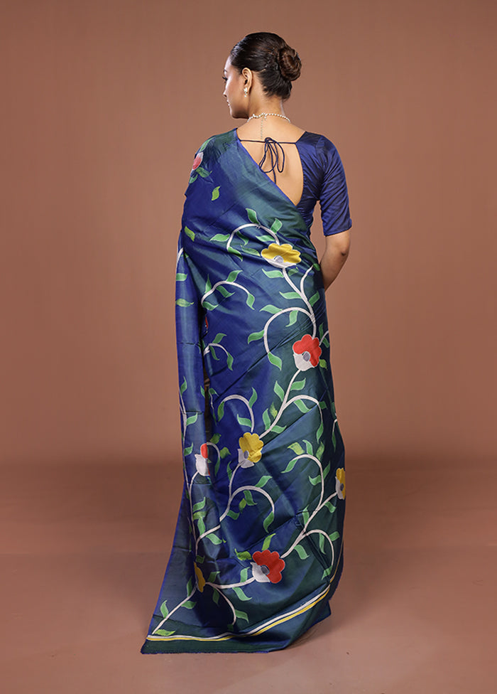 Blue Printed Pure Silk Saree Without Blouse Piece