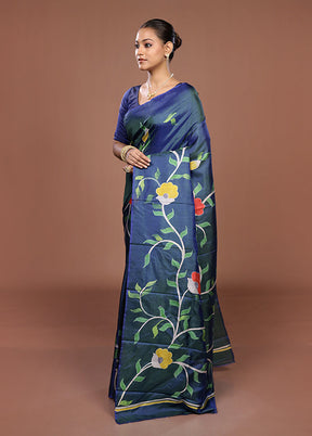 Blue Printed Pure Silk Saree Without Blouse Piece