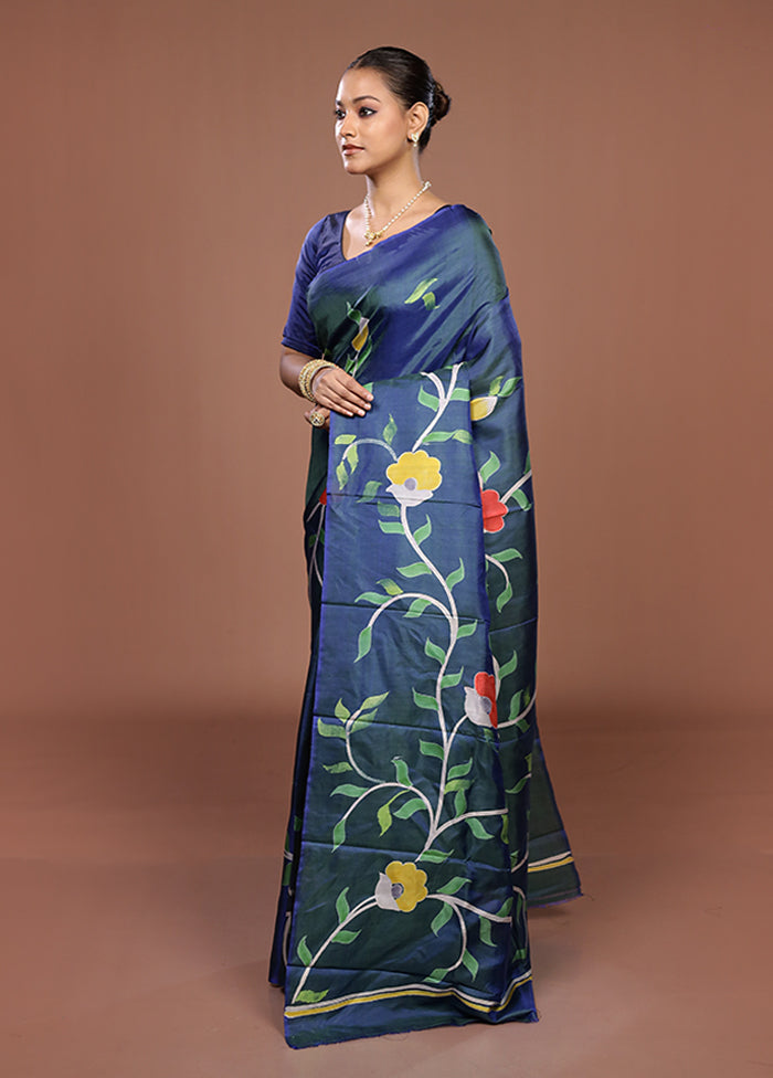Blue Printed Pure Silk Saree Without Blouse Piece