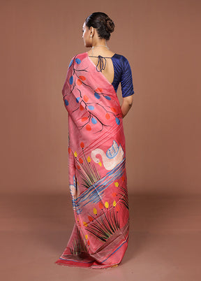 Pink Printed Pure Silk Saree Without Blouse Piece