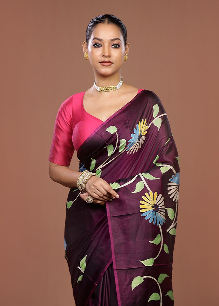 Purple Printed Pure Silk Saree Without Blouse Piece