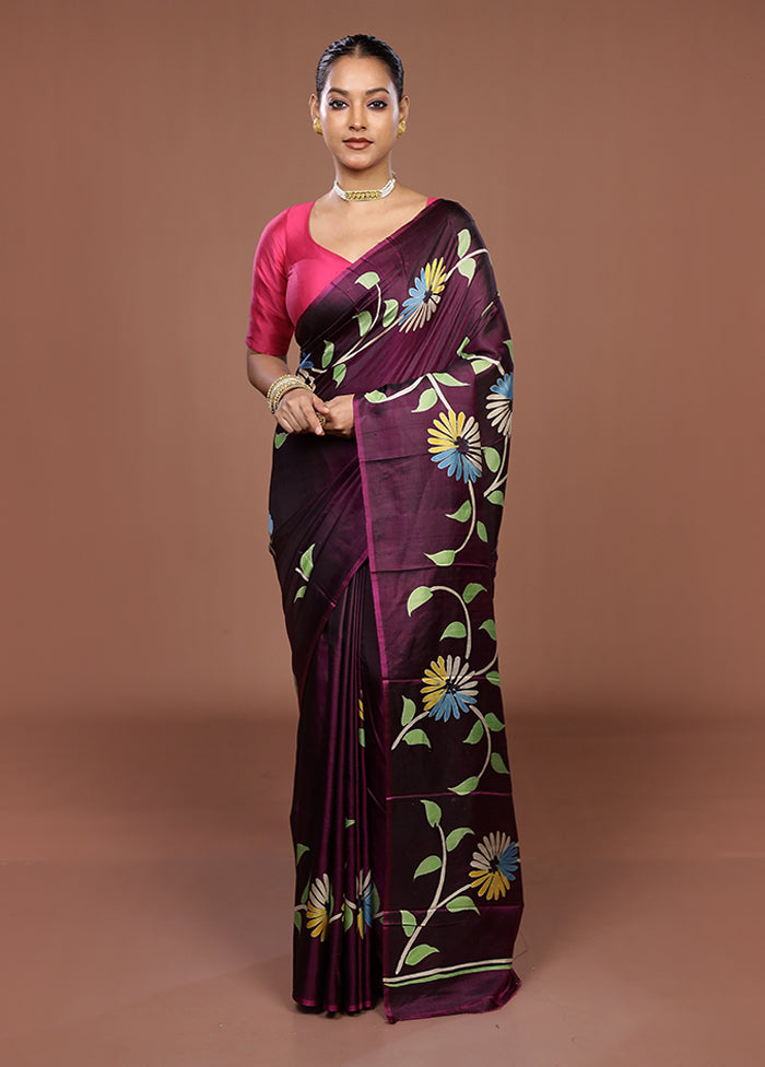 Purple Printed Pure Silk Saree Without Blouse Piece