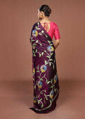 Purple Printed Pure Silk Saree Without Blouse Piece