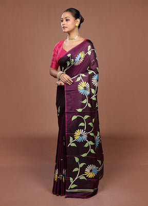 Purple Printed Pure Silk Saree Without Blouse Piece