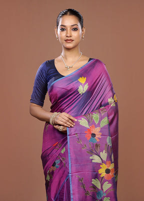 Purple Printed Pure Silk Saree Without Blouse Piece