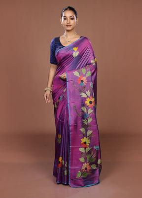 Purple Printed Pure Silk Saree Without Blouse Piece