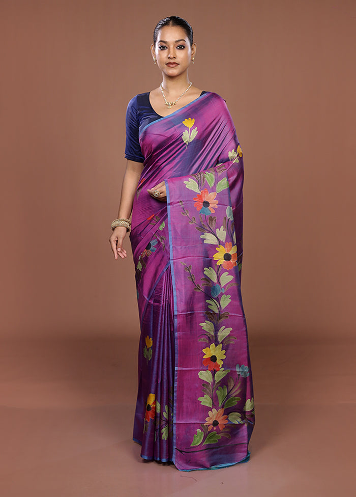 Purple Printed Pure Silk Saree Without Blouse Piece