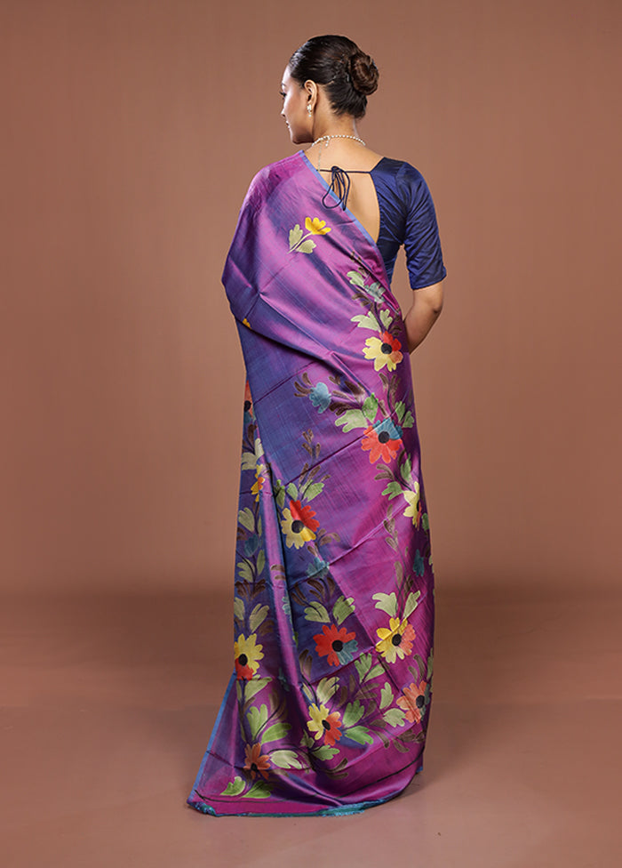 Purple Printed Pure Silk Saree Without Blouse Piece