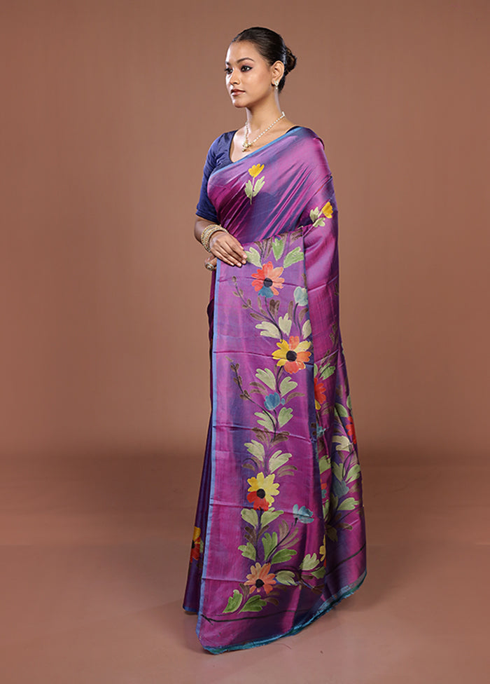 Purple Printed Pure Silk Saree Without Blouse Piece