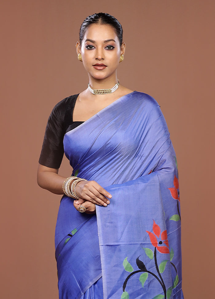 Blue Printed Pure Silk Saree Without Blouse Piece