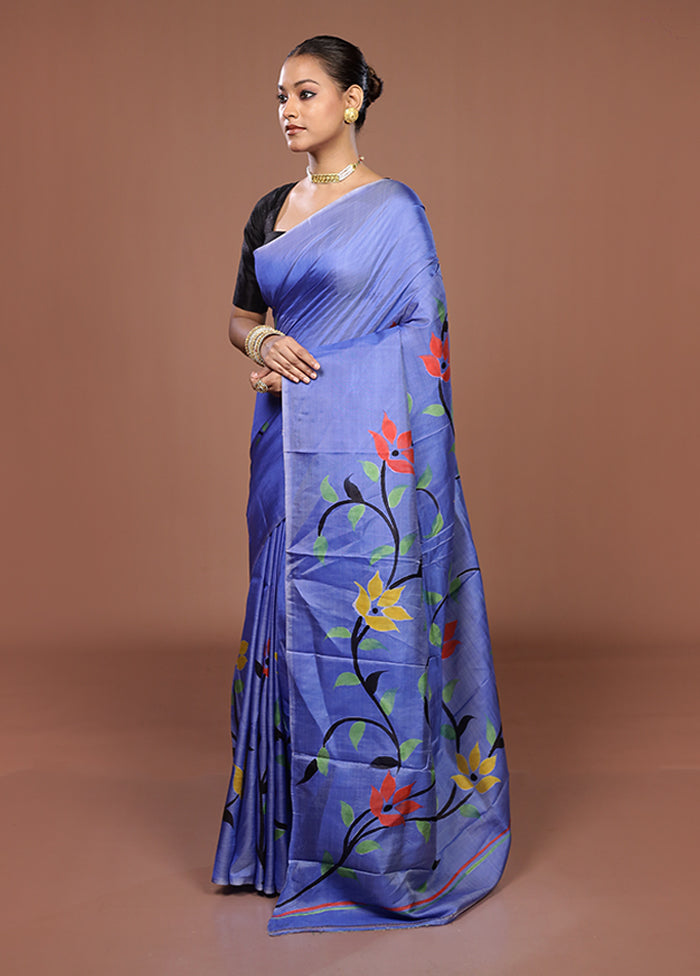 Blue Printed Pure Silk Saree Without Blouse Piece
