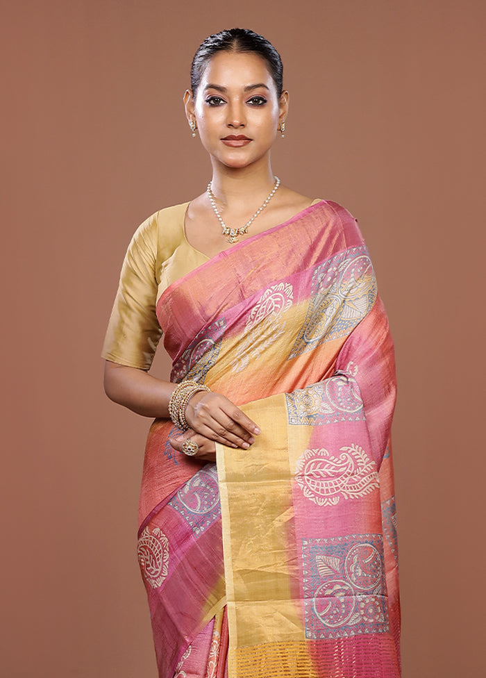 Yellow Handloom Tussar Pure Silk Saree With Blouse Piece
