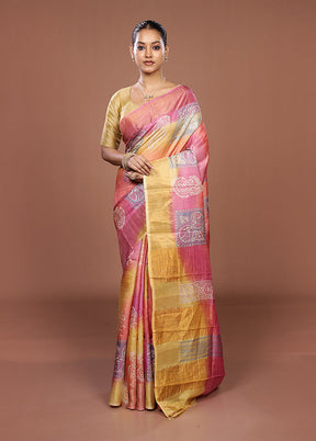 Yellow Handloom Tussar Pure Silk Saree With Blouse Piece