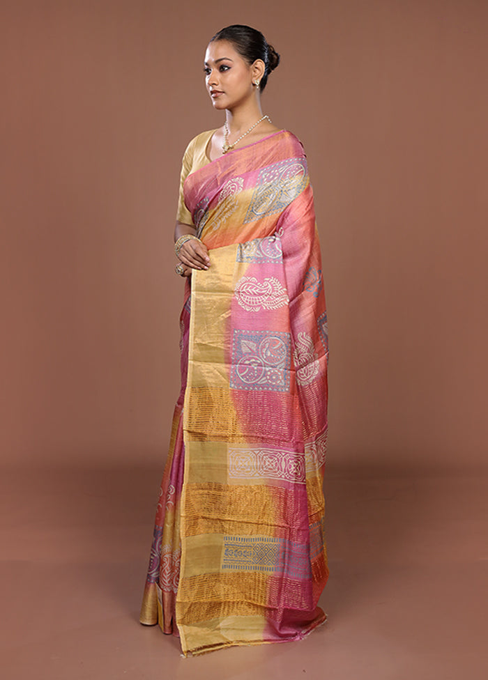 Yellow Handloom Tussar Pure Silk Saree With Blouse Piece