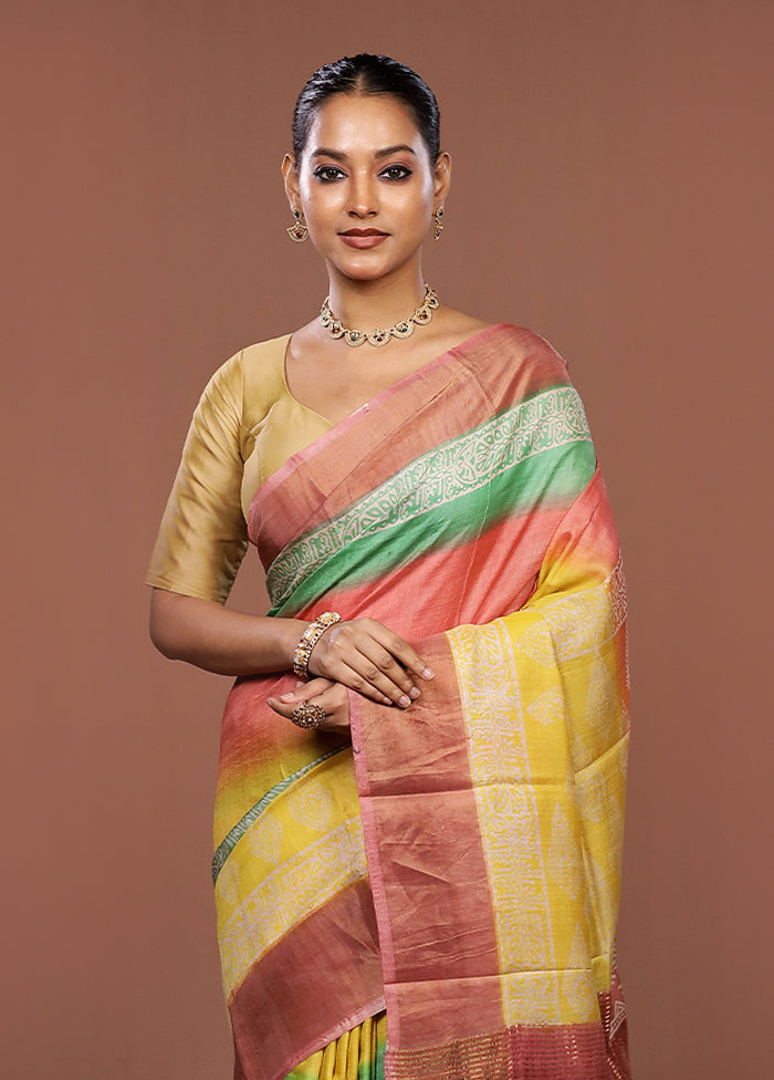Pink Handloom Tussar Pure Silk Saree With Blouse Piece