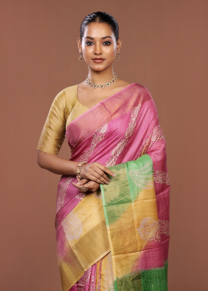 Pink Handloom Tussar Pure Silk Saree With Blouse Piece