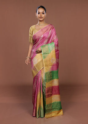 Pink Handloom Tussar Pure Silk Saree With Blouse Piece